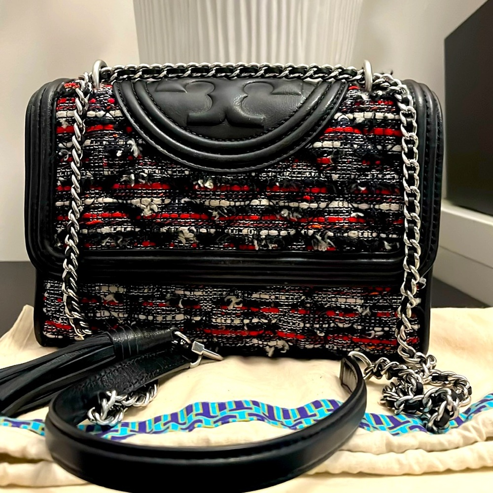 Tory Burch Fleming Tweed Convertible Shoulder Bag-EUC